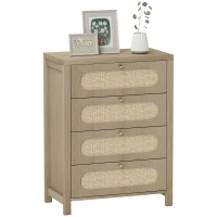 HOMCOM Cassettiera 4 cassetti in stile boho con ante in resina intrecciata, 70x38x93 cm, Legno Naturale(m-1)