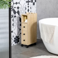 kleankin Armario de Baño con Ruedas Mueble Auxiliar para Baño con Estante Abierto Puerta y Cajón 18x30x68,5 cm Roble(m-7)