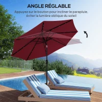 Outsunny Parasol de jardin Parasol droit Parasol Lumineux octogonal inclinable Ø 2,7 m Parasol LED Solaire métal Polyester Haute densité 180 g/m² rouge bordeaux(m-6)