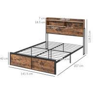 HOMCOM Industrial Double Bed Frame, 4.6FT Steel Bed Base with Storage Headboard, Footboard, Slatted Support and Under Bed Storage, 141 x 207cm, Rustic Brown(m-3)