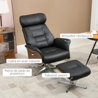 HOMCOM Fauteuil relax avec repose-pied, fauteuil de relaxation avec dossier inclinable, têtière réglable, 80x84x108cm, noir(m-8)