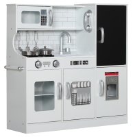 AIYAPLAY Kinderkeuken - Speelkeuken met Telefoon, Krijtbord, Magnetron, Fornuis, Spoelbak, Accessoires, IJsblokjesmachine, 3-8 Jaar, Wit