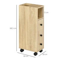 kleankin Armario de Baño con Ruedas Mueble Auxiliar para Baño con Estante Abierto Puerta y Cajón 18x30x68,5 cm Roble(m-3)