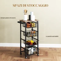 HOMCOM Carrello da Cucina con 4 Cestini Estraibili, Ruote e Freni, Acciaio e Legno, 49.5x31x91 cm, Rovere(m-4)