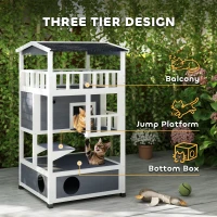 PawHut Wooden Outdoor Cat House, 3-Tier Cat Shelter with Tilted Roof, Terrace, Jump Step, Bottom Tray and Elevated Base, Waterproof Paint, Grey(m-4)