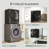 HOMCOM Sèche-linge électrique portable 850W, capacité 33L 4 modes de fonctionnement, acier inoxydable, 49 x 40,5 x 60 cm, noir(m-8)