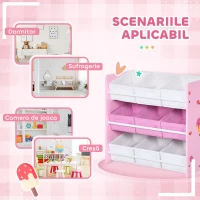 ZONEKIZ Dulăpior de Jucării cu 9 Coșuri Detașabile din MDF și Material Textil Roz(m-7)