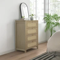 HOMCOM Kommode 4 Schubladen Aufbewahrungsmöbel im Bohème-Stil mit Türen aus geflochtenem Harz, 70 x 38 x 93 cm, Naturholzoptik(m-5)