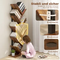 HOMCOM Bücherregal Standregal mit 9 Ebenen Schmal Regal im Baumform für Büro, Rustikal Braun(m-5)