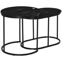 HOMCOM Set 2 Tavolini da Caffè con Piano Effetto Marmo, in Legno e Acciaio, Ø50x50.5 cm e 60x36x43.5 cm, Nero(m-10)