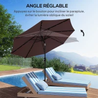 Outsunny Parasol de jardin Parasol droit Parasol Lumineux octogonal inclinable Ø 2,7 m Parasol LED Solaire métal Polyester Haute densité 180 g/m² Chocolat(m-6)