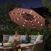 Outsunny Φ2.7m Garden 24 LED Light Parasol Solar Outdoor Tilt Sun Umbrella Patio Club Party Event Manual Sun Shade w/ Hand Crank and 8 Ribs, Brown(m-2)