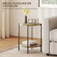 HOMCOM Mesa Auxiliar Redonda de 2 Niveles con Estante y Estructura de Acero para Salón Dormitorio 43,5x43,5x51 cm Natural(m-5)