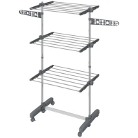 HOMCOM Three-Shelf Collapsing Clothes Horse, With Side Arms and Wheels - Grey(m-11)