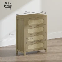 HOMCOM Commode 4 tiroirs meuble de rangement style bohémienne avec portes résine tressée, 70 x 38 x 93 cm, effet bois naturel(m-3)
