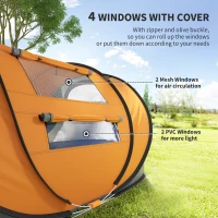 Outsunny 4 Person Pop-up Camping Tent Family Tent with Ground Sheet, 4 Windows and Portable Carry Bag for Beach Outdoor Trip, Orange(m-7)