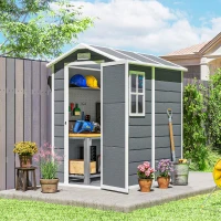 Outsunny 4 x 6ft Garden Shed, Plastic Shed with Floor, Window, Lockable Door and Vents, Resin Tool Shed for Outdoor Patio Storage, Zero Maintenance, Grey(m-2)