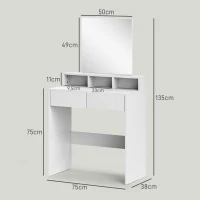 HOMCOM Coiffeuse avec miroir, table de maquillage avec 2 tiroirs et 3 compartiments, style moderne, 75 x 38 x 135 cm, blanc(m-3)