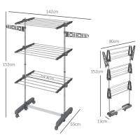 HOMCOM Three-Shelf Collapsing Clothes Horse, With Side Arms and Wheels - Grey(m-3)