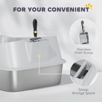 PawHut XL Stainless Steel Cat Litter Box with High Sides, Metal Scoop, 60 x 40 x 30 cm(m-8)