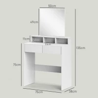HOMCOM Tavolo da trucco con specchio, tavolo da trucco con 2 cassetti e 3 scomparti, stile moderno, 75 x 38 x 135 cm, bianco(m-3)
