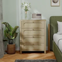 HOMCOM Commode 4 tiroirs meuble de rangement style bohémienne avec portes résine tressée, 70 x 38 x 93 cm, effet bois naturel(m-7)