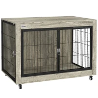PawHut Dog Crate Furniture with Wheels, Double Doors, for Large Dogs, Grey(m-1)