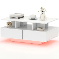 HOMCOM Mesa de Centro LED Moderna con 4 Cajones Estante Abierto y Luces LED de 16 Colores para Salón 90x55x41 cm Blanco Brillo(m-11)