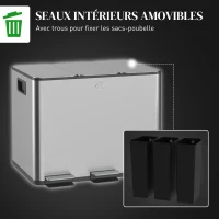 HOMCOM Poubelle de cuisine, poubelle tri sélectif, 3 compartiments de 20L, seaux intérieurs amovibles, 61,9x36,6x56,7cm, argent(m-7)