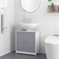 kleankin 60x60cm Under-Sink Storage Cabinet w/ Adjustable Shelf Handles Drain Hole Bathroom Cabinet Space Saver Organizer White and Grey(m-10)