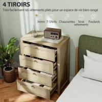 HOMCOM Commode 4 tiroirs meuble de rangement style bohémienne avec portes résine tressée, 70 x 38 x 93 cm, effet bois naturel(m-4)