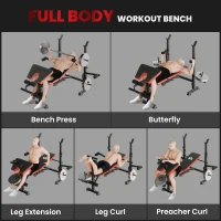 HOMCOM Adjustable Weight Bench with Leg Extension, Barbell Rack, Preacher Curl Pad, Butterfly, Multi-Function Home Gym Bench for Strength Training, Red(m-4)