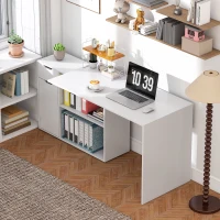 HOMCOM Flexibler Schreibtisch, 2-stufiger Schrank, Schublade, offene Fächer, Holz, Weiß(m-9)