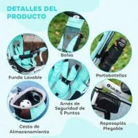 HOMCOM Triciclo para Bebés +12 Meses con Mango de Empuje Telescópico y Desmontable Bolso para Mamá y Portabotellas Verde Mint(m-7)