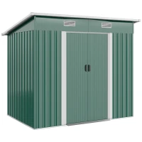 Outsunny 7 x 4ft Outdoor Storage Shed with Foundation Kit, Lean to Metal Garden Shed for Log, Rubbish Bin, Tool, Lawnmower, Bike, Patio and Lawn Use, Green(m-10)