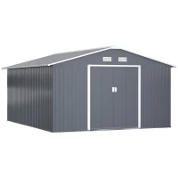 Outsunny 13 x 11ft Garden Metal Storage Shed, Outdoor Storage Tool House with Ventilation Slots, Floor Foundation and Lockable Double Doors, Grey(m-10)