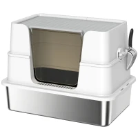 PawHut Caja de Arena para Gatos de Acero Inoxidable con Entrada XL, con Pala, Gris Claro(m-1)