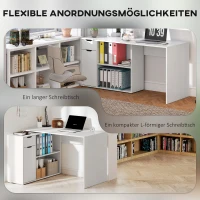 HOMCOM Flexibler Schreibtisch, 2-stufiger Schrank, Schublade, offene Fächer, Holz, Weiß(m-5)