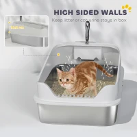 PawHut XL Stainless Steel Cat Litter Box with High Sides, Metal Scoop, 60 x 40 x 30 cm(m-6)