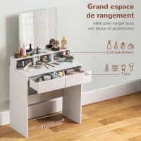HOMCOM Coiffeuse avec miroir, table de maquillage avec 2 tiroirs et 3 compartiments, style moderne, 75 x 38 x 135 cm, blanc(m-4)