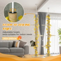 PawHut 242cm Adjustable Floor-To-Ceiling Cat Tree, with Artificial Decoration, Perches, Anti-Slip Kit - Yellow(m-5)