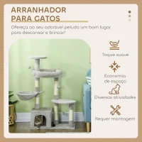 PawHut Arranhador para Gatos com Postes Arranhadores de Sisal Cova Plataformas e Bolas Suspensas 65x30x104 cm Cinzento Claro(m-4)