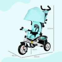 HOMCOM Triciclo para Bebés +12 Meses con Mango de Empuje Telescópico y Desmontable Bolso para Mamá y Portabotellas Verde Mint(m-3)