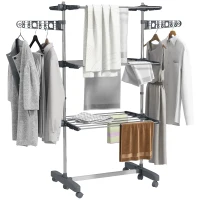 HOMCOM Three-Shelf Collapsing Clothes Horse, With Side Arms and Wheels - Grey(m-10)
