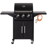 Outsunny Barbacoa de Gas con 3 Quemadores 8,7 KW con 2 Mesas Laterales Armario de 2 Puertas 4 Ruedas y Frenos 121x55x109 cm Negro