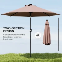 Outsunny Φ2.7m Garden 24 LED Light Parasol Solar Outdoor Tilt Sun Umbrella Patio Club Party Event Manual Sun Shade w/ Hand Crank and 8 Ribs, Brown(m-8)