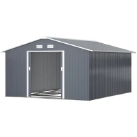 Outsunny 13 x 11ft Garden Metal Storage Shed, Outdoor Storage Tool House with Ventilation Slots, Floor Foundation and Lockable Double Doors, Grey(m-11)