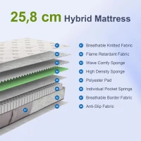 HOMCOM Matras 90x200 cm 25,8 cm hoogte 7-zones ergonomisch met afneembare wasbare hoes(m-5)