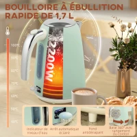 HOMCOM Ensemble bouilloire et grille-pain, bouilloire en acier inoxydable 1,7 L et 2200 W et grille-pain à 2 tranches, vert(m-4)