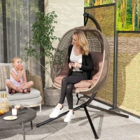 Outsunny Cadeirão Suspenso com Efeito Imitação de Vime Cadeira Suspensa com Cesta Dobrável Suporta 120 kg para Exterior Marrom(m-9)